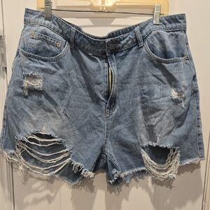 SHEIN Blue Distressed Jean Shorts with Raw Hem